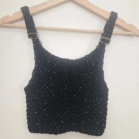 Asta Resort Grace Sequined Crochet Crop Tank Top XS Black NEW NWT - Picture 6 of 13